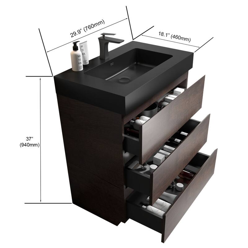GDFStudio - Alice Walnut Freestanding Bathroom Vanity with One-Piece Matte Black Sink, Modern Handle-Free Design, Pre-Assembled