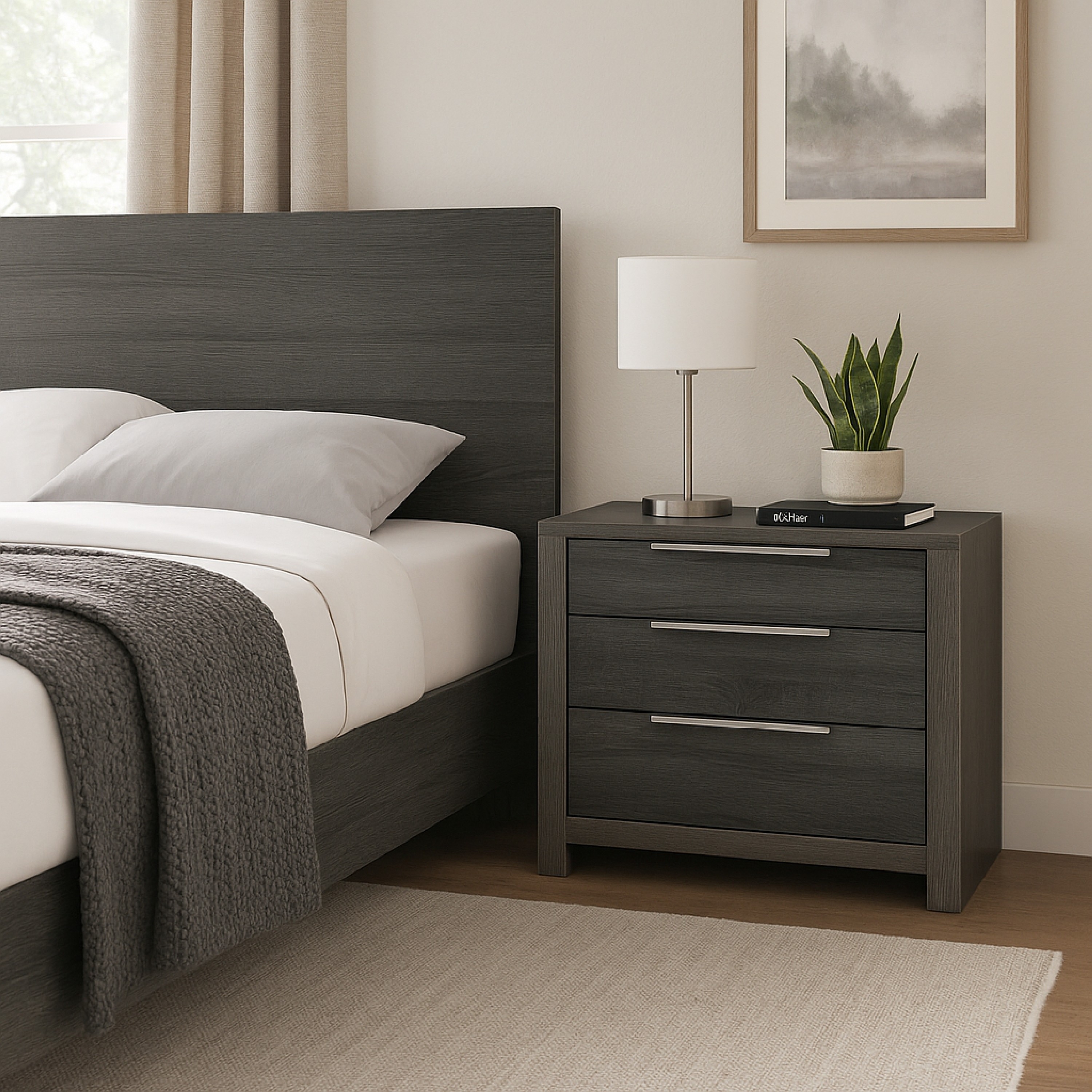 Joho Nightstand, 30 Inch, 5 Storage Drawers w Metal Handles, Gray Wood