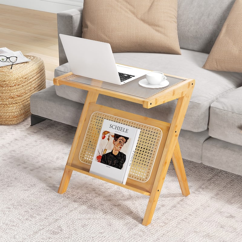 Decorative End Table with Rattan Accents and Storage Rack - 19.5" x 14" x 22" (L x W x H)