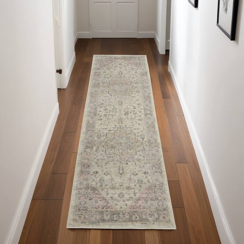 HomeRootsFloral Medallion Transitional Runner Area Rug - 87' X '27' X '0.5 - 87' X '27' X '0.5 - Pink/Ivory/Gray