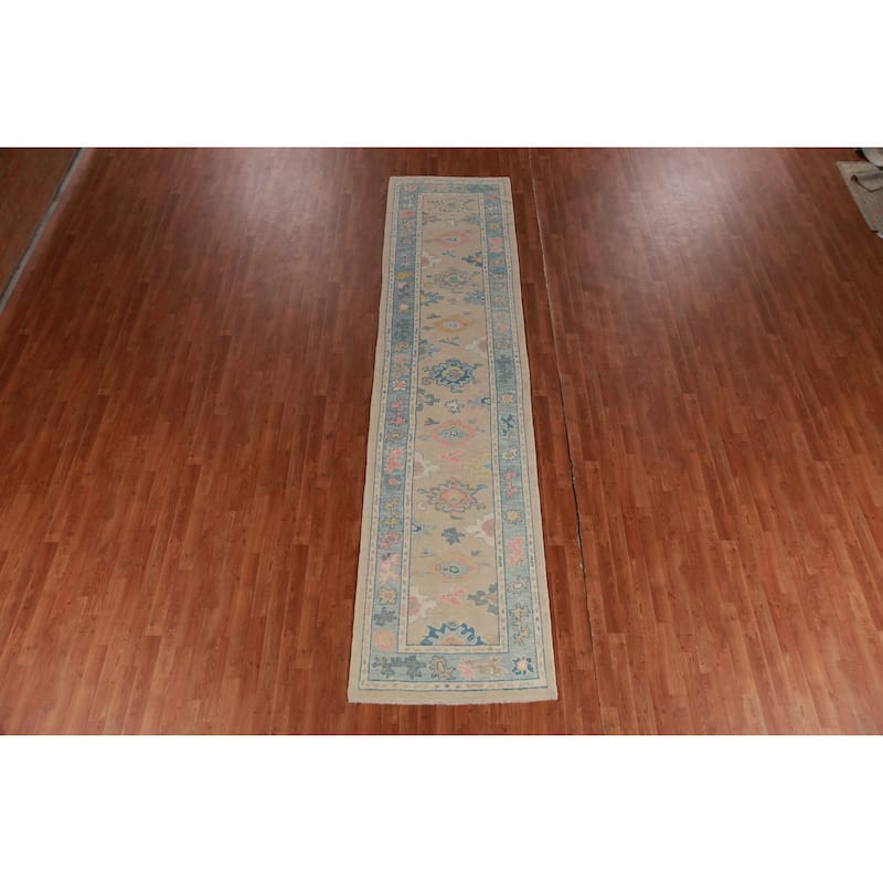 Hand Knotted Oriental 100% Wool Carpet Transitional Floral Beige & Ivories Oushak Runner Rug - 13' 2'' X 3' 2''