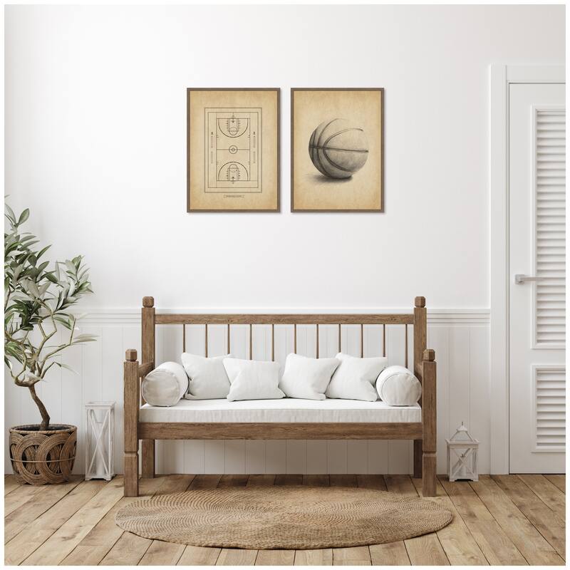 Kate and Laurel Walnut Antique Basketball 2 Piece Framed Canvas Wall Art Set by The Creative Bunch Studio