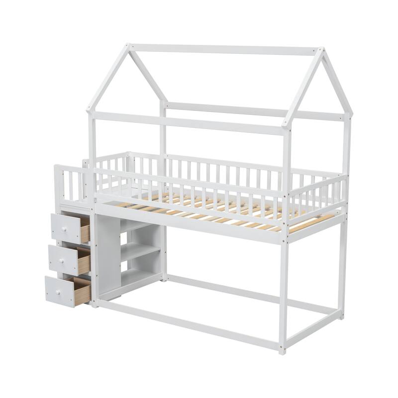 Twin House Bunk Bed with Roof, Storage Shelves, and Drawers for Kids.