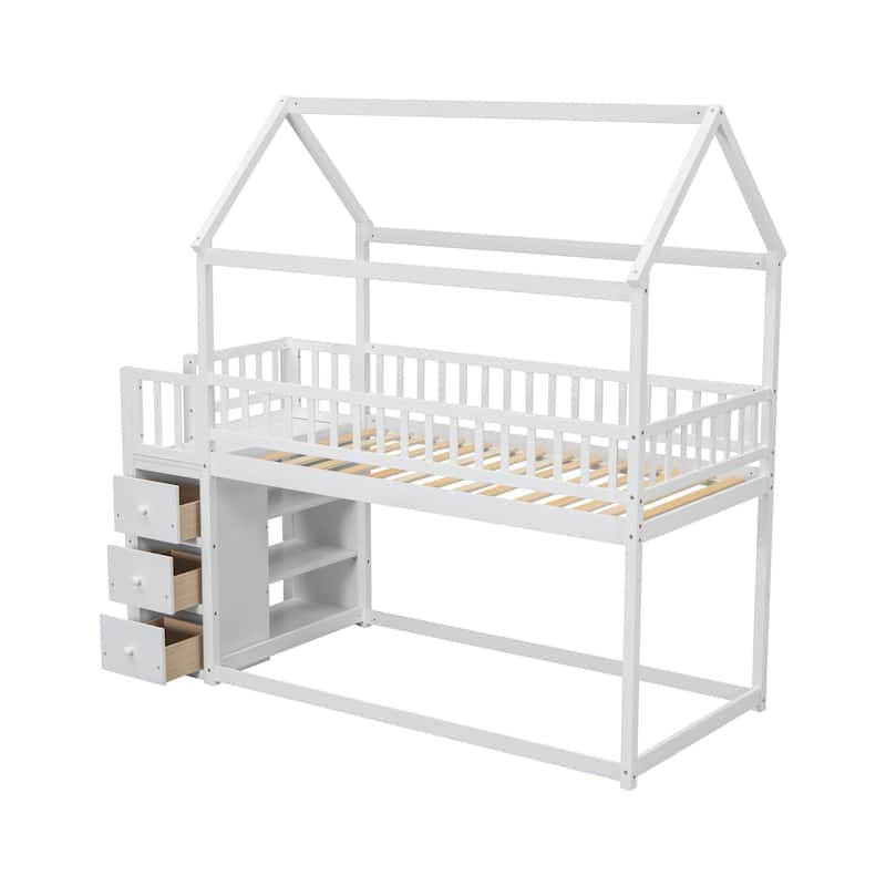 White Twin Size Wood House Bunk Bed with Shelves, Ladder and Drawers for Bedroom