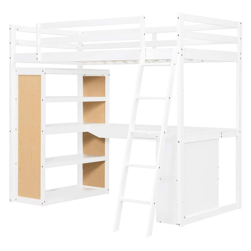 Twin Size Loft Bed with Ladder, Shelves, and Desk, White
