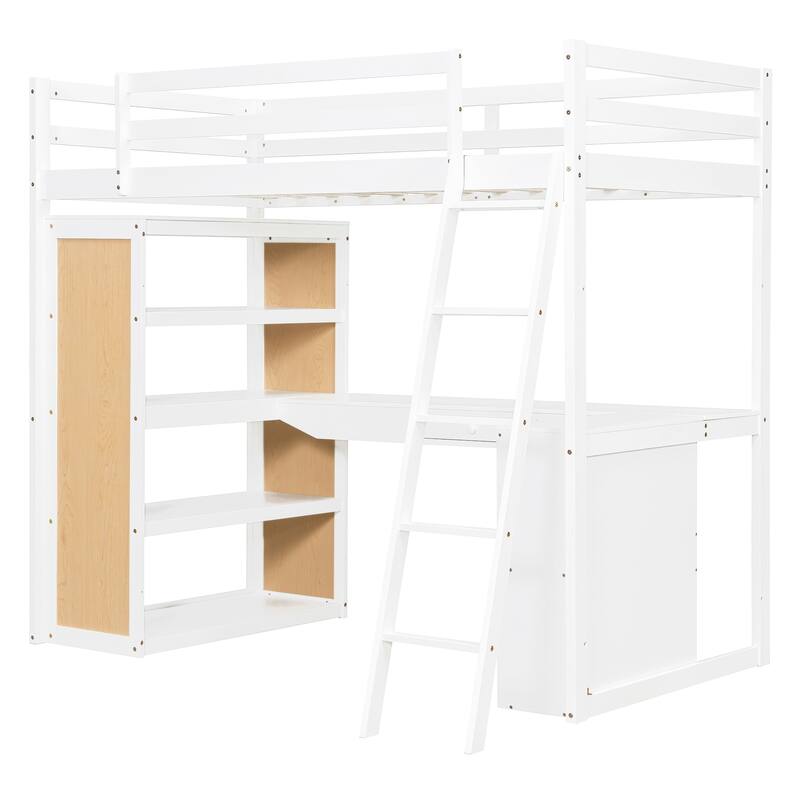 Twin Size Loft Bed with Ladder - Features Built-in Desk and Storage Shelves