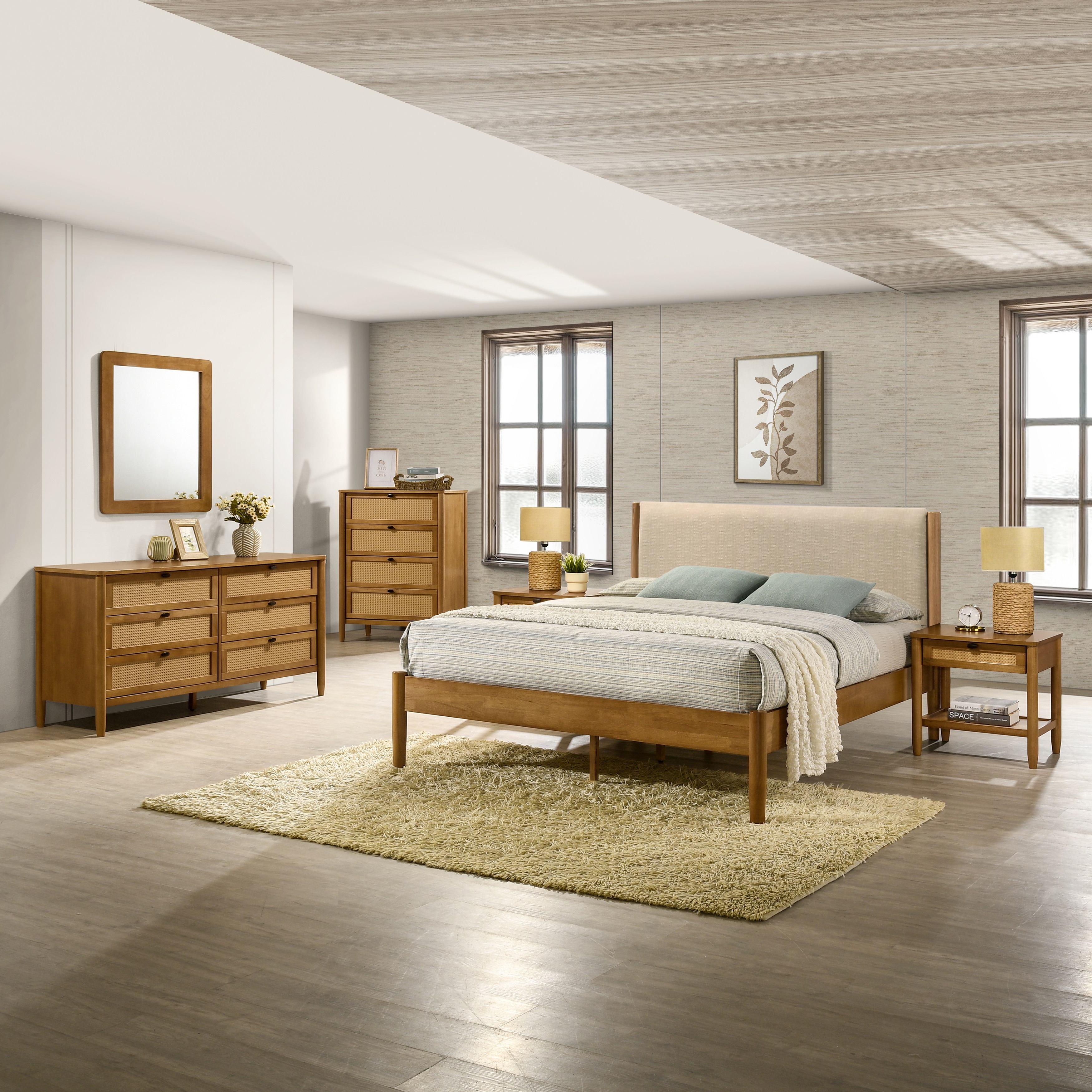 Roundhill Furniture Vichy 6-Piece Rattan Bedroom Set with Upholstered Bed, Dresser, Mirror, 2 Nightstands, and Chest