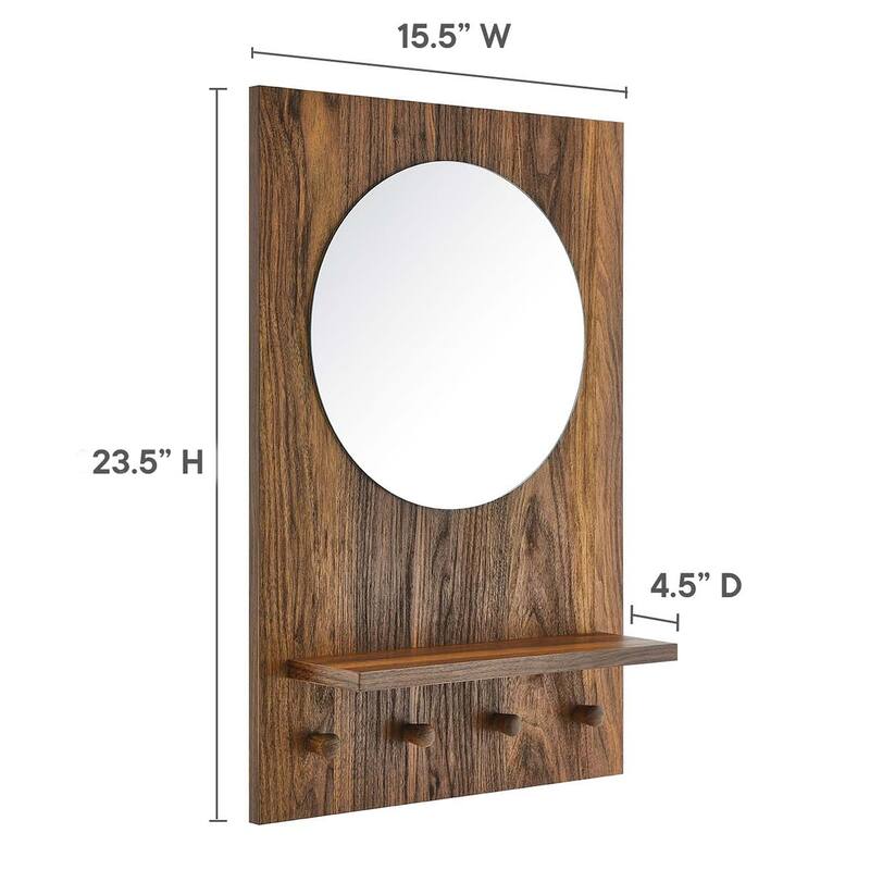 Teresa Modern Walnut Wall Mirror with Shelf and Hooks