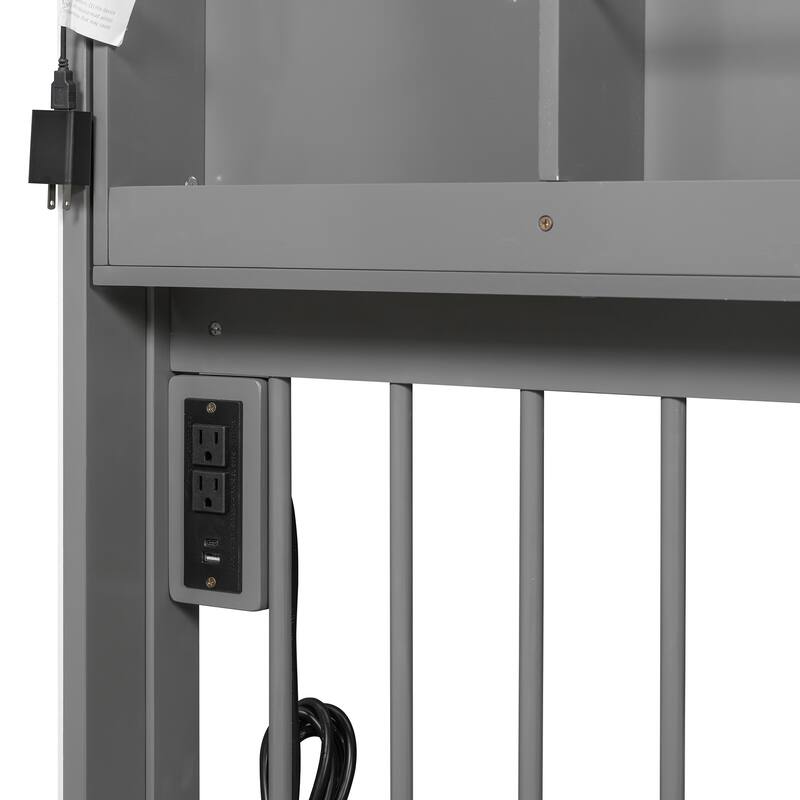 Kids Fence Platform Bed Full Size House Bed with Tent, Bookshelf, Light Strip, Charging Station, Shelves and Storage Drawers