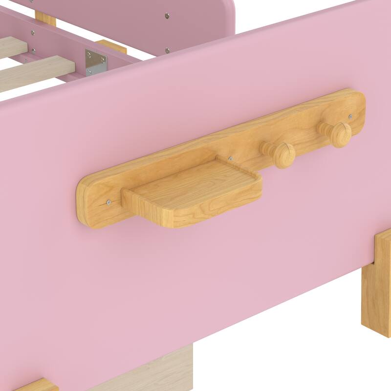 Low Profile Solid Wood Platform Bed Frame with Storage Drawers, Guardrails and Headboard, Footboard with Small Shelf and Hooks