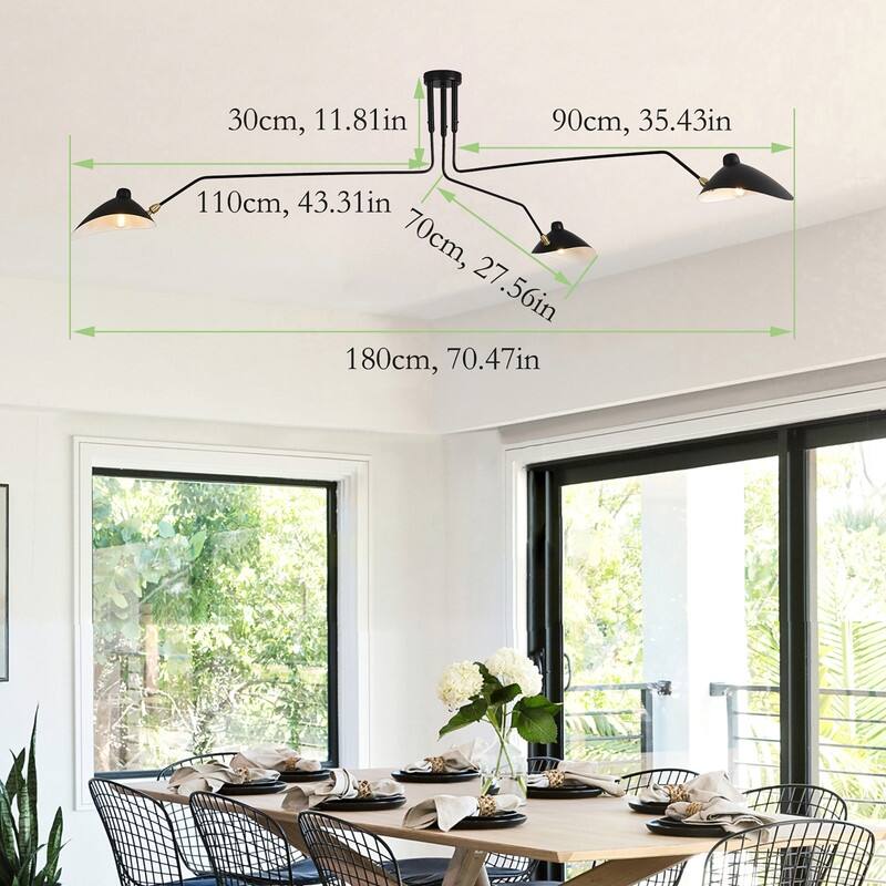 Mid Century Chandelier Modern 3 Arm Ceiling Light Fixture, Small Size - 70.47x17.72x17.72in - 70.47x17.72x17.72in