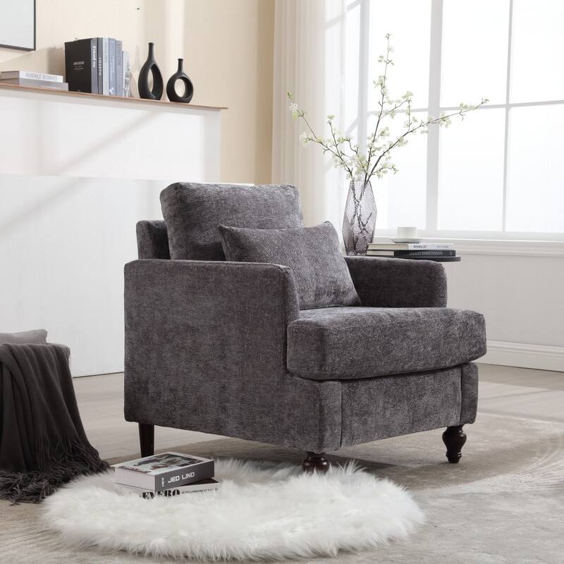 Mid Century Modern Chenille Fabric Armchair with Solid Wood Frame