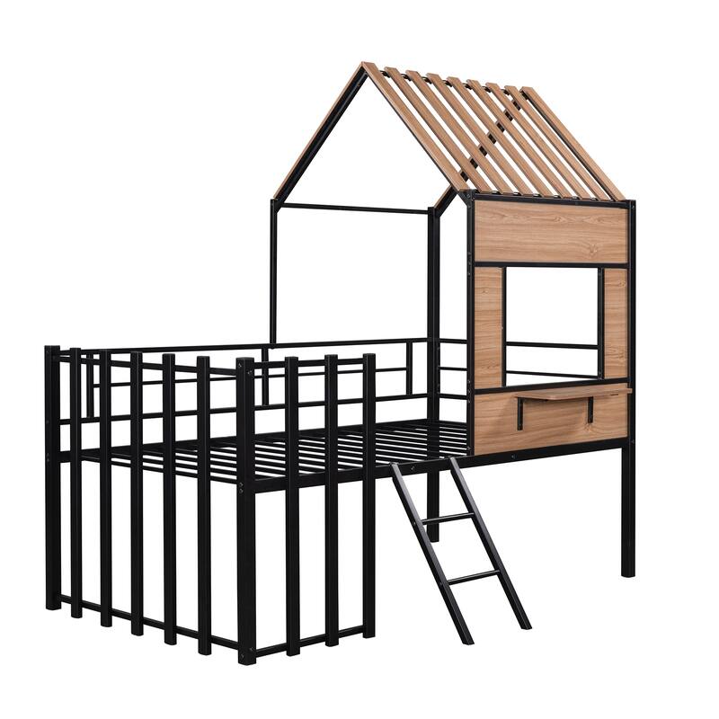 House-Shaped Metal Loft Bed with Roof, Window, Guardrail, and Ladder