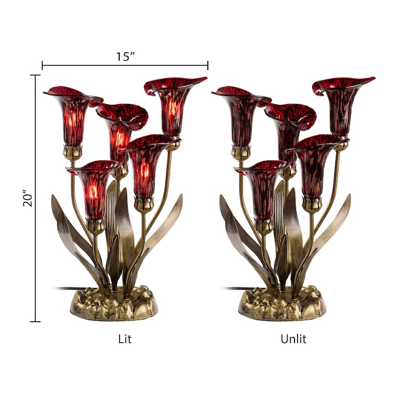 20-inch Antique Brass and Hand Blown Glass 5 Calla Lily Uplight Accent Lamp - 15" x 14" x 20"