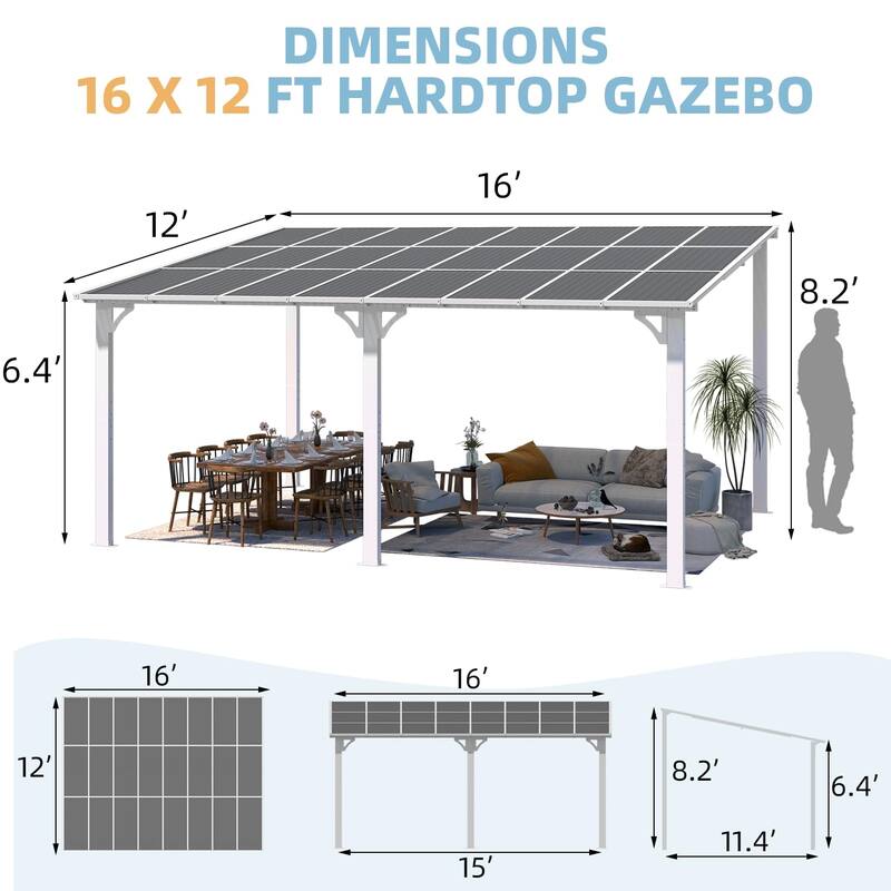 12x16ft Lean to Gazebo Hardtop Wall Mounted Gazebo