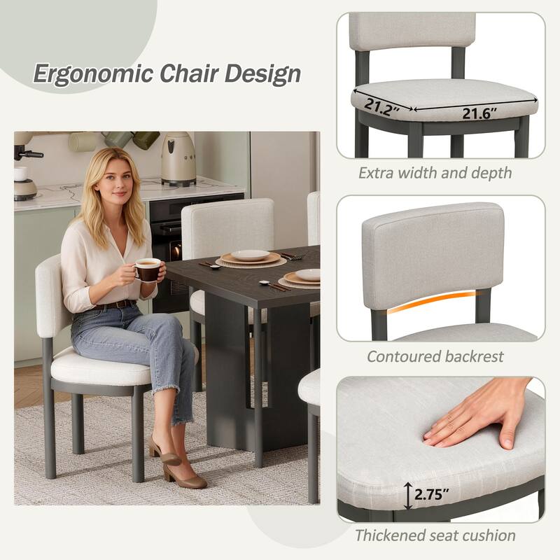 Roomfitters Farmhouse Dining Table Set for 6, 60" Rectangular Wood Table with Upholstered Chair & Cutout Legs