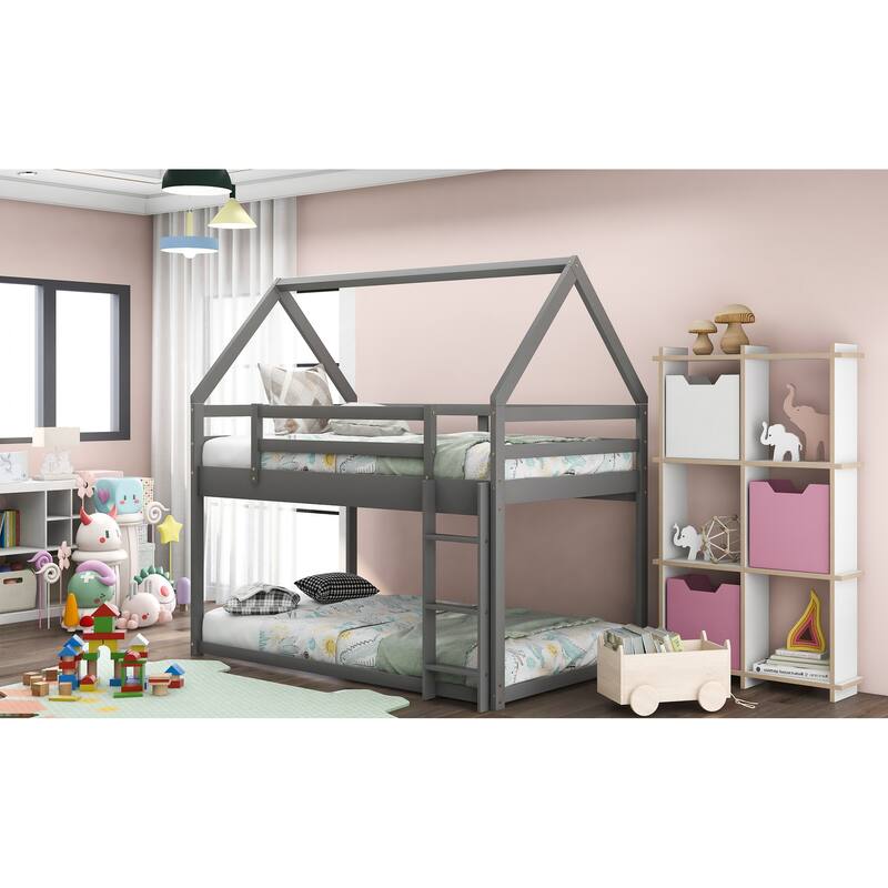 Low Bunk House Bed with Ladder, Twin over Twin, Gray