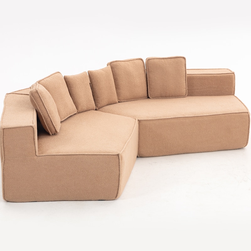 132"Oversized Teddy Fabric Modular Sectional Sofa,Full-Foam Cushion Design with Ultra Soft Feel with Six Cushions