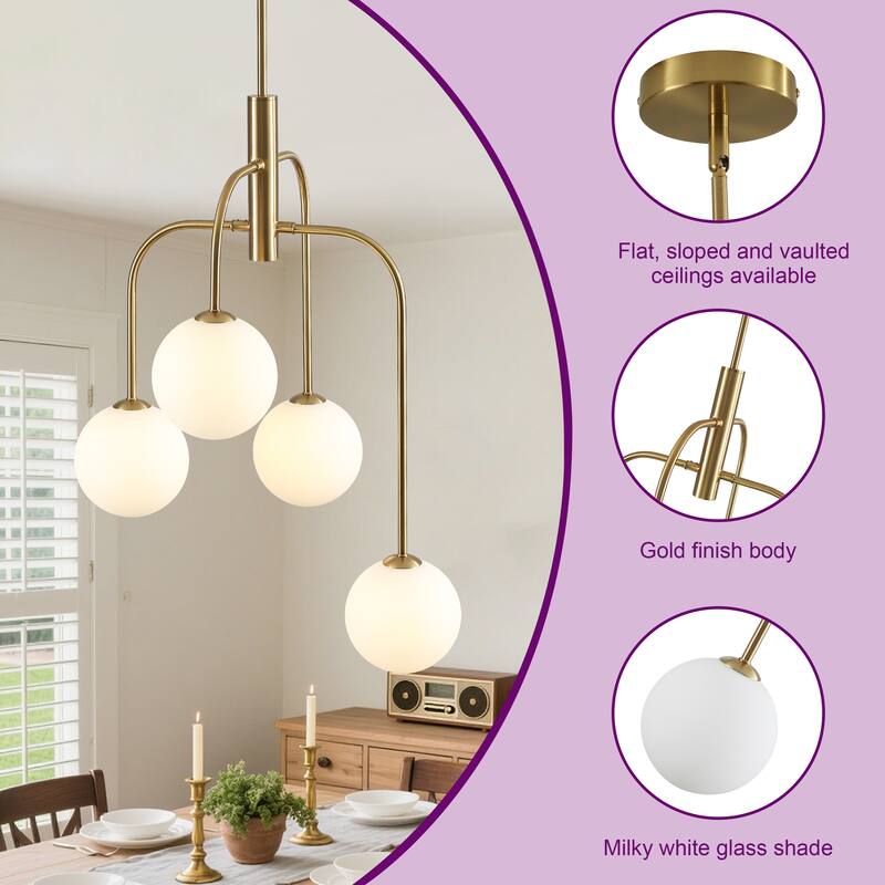 4 - Light Dimmable Sputnik Modern Linear Chandelier with White Glass Shade - Brushed Gold
