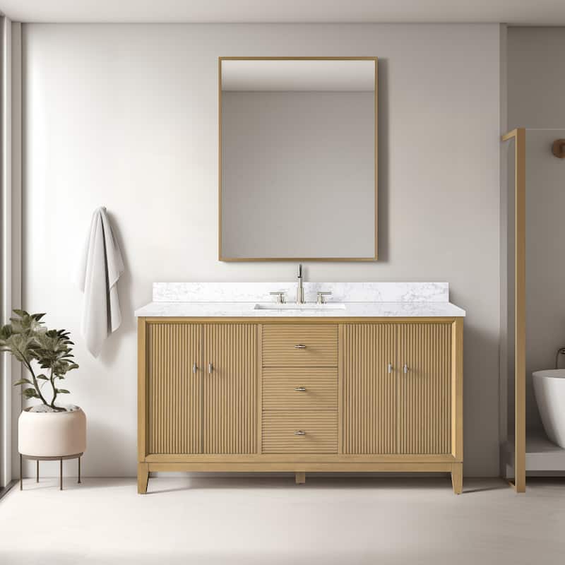 Vanity Art 60" Freestanding Bathroom Vanity with Engineered Marble Top and Sink - 60"/Brushed Nickel - Natural Oak