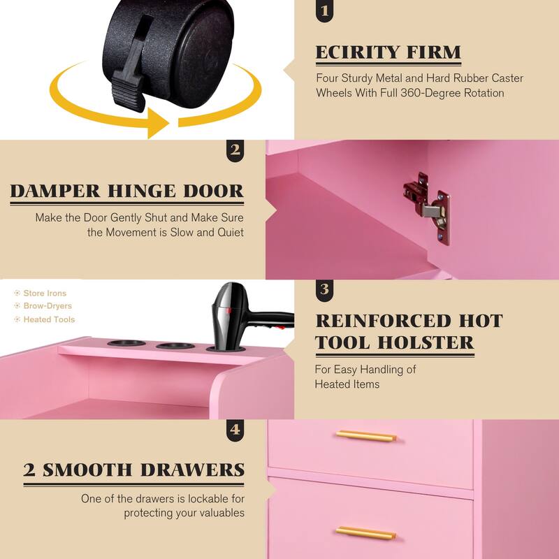 Beauty Salon Station with Wheels, Drawers, 3 Hair Dryer Holders - W16.93*D13.78*H31.10