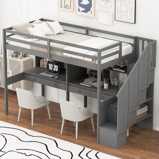 Twin Size Loft Bed Frame with Double Desks and Shelves, Storage Staircase & Safety Guardrails