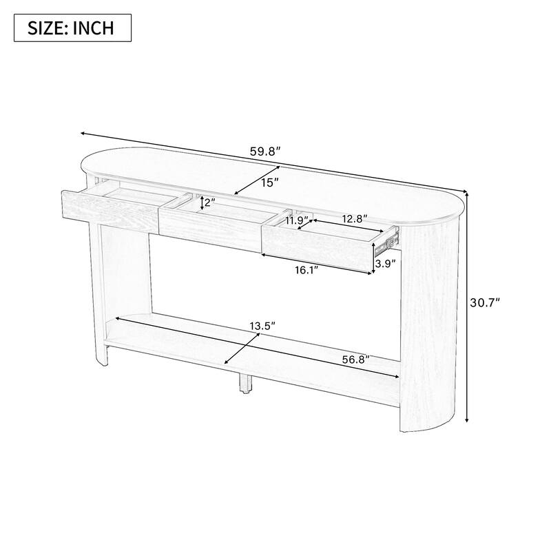 59.8"Modern Veneer Console Table with 3 Drawers,Farmhouse Entryway Table with Shelf,Wood Sofa Table with Semi-Circular Design