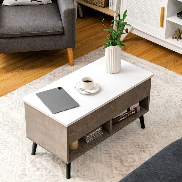 Mid-Century Lift-Top Coffee Table Sofa Laptop Desk in Wood Top Finish