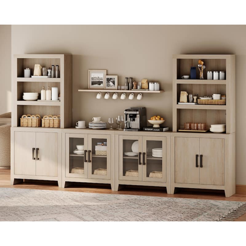 WAMPAT Large Entertainment Center with Bookshelves, Farmhouse TV Stand with Storage Cabinets & Glass Doors