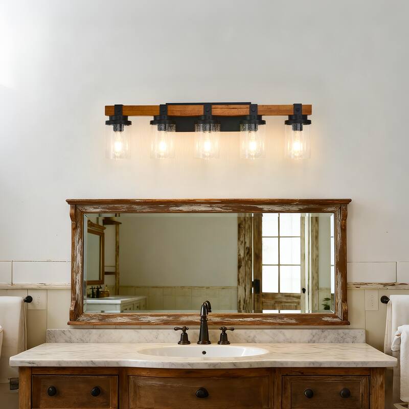 5-Light Matte Black +Wood Wall Lamps with Glass Lamp Shades (No Bulbs) For Bathroom Kitchen Dinning Room