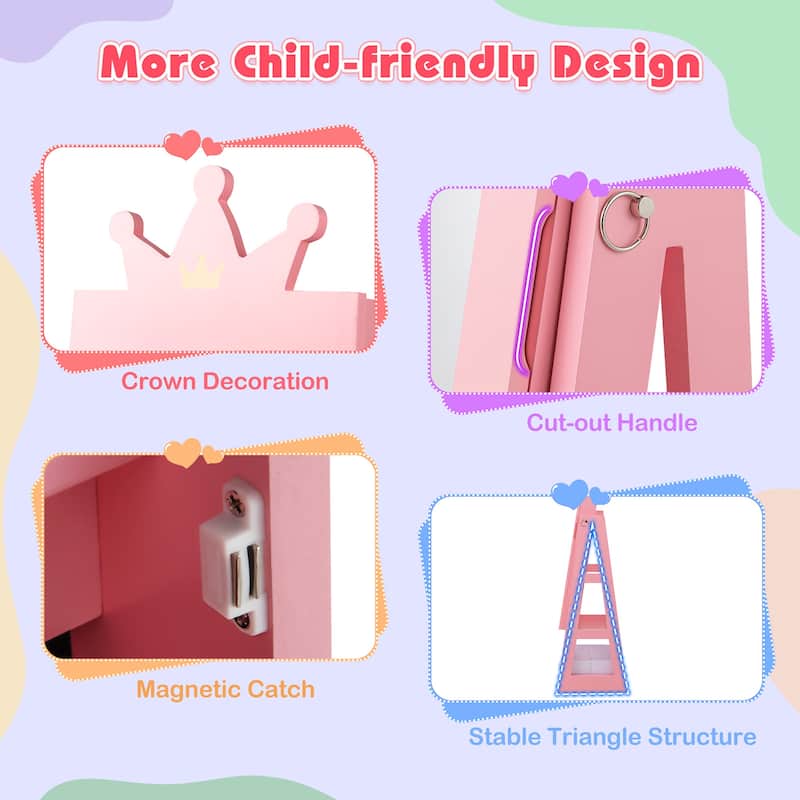 Gymax Kids Jewelry Cabinet w/ Full-Length Mirror Foldable Drawer