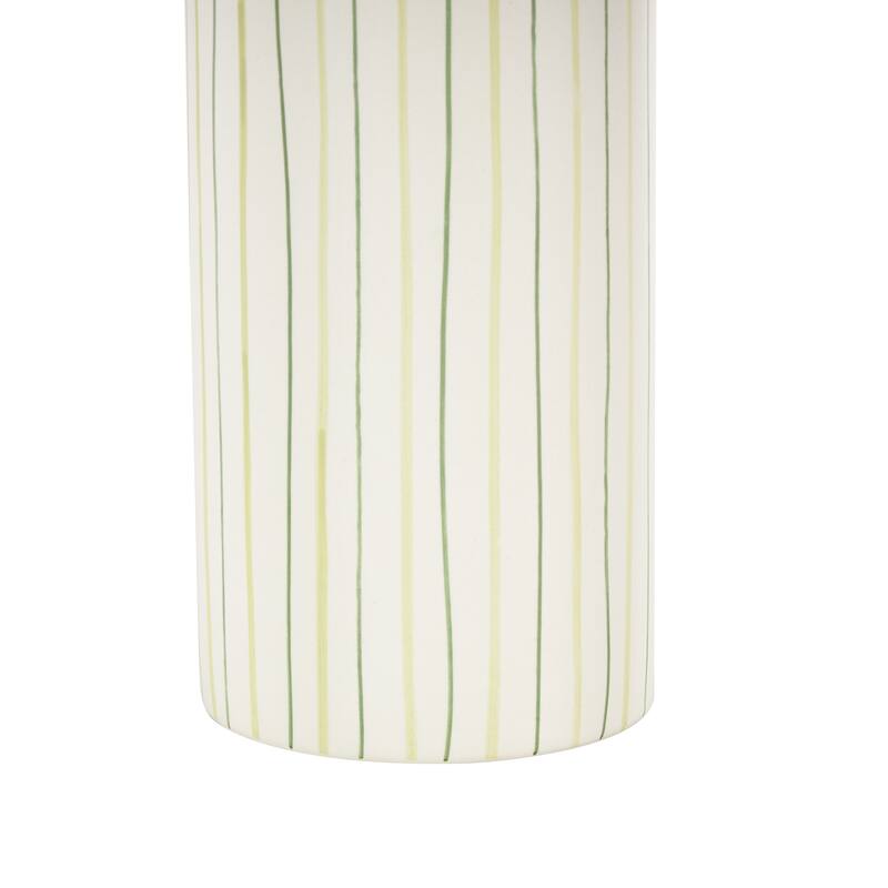 White Ceramic Round Decorative Vase with Green Linear Patterns
