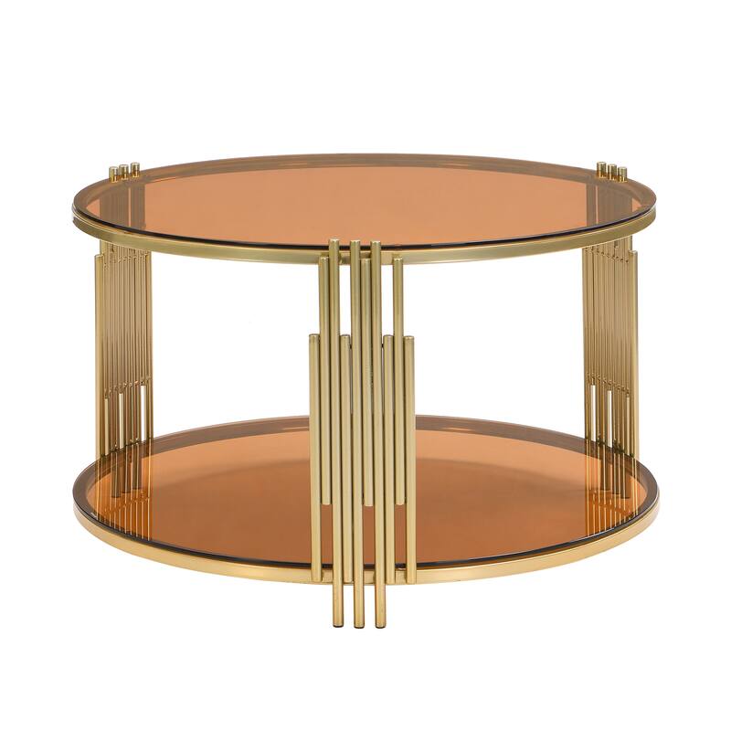 Modern Mirror Coffee Table, Asymmetrical Metal, Circular Metal Drum Base, Gold Finish & Lower Shelf