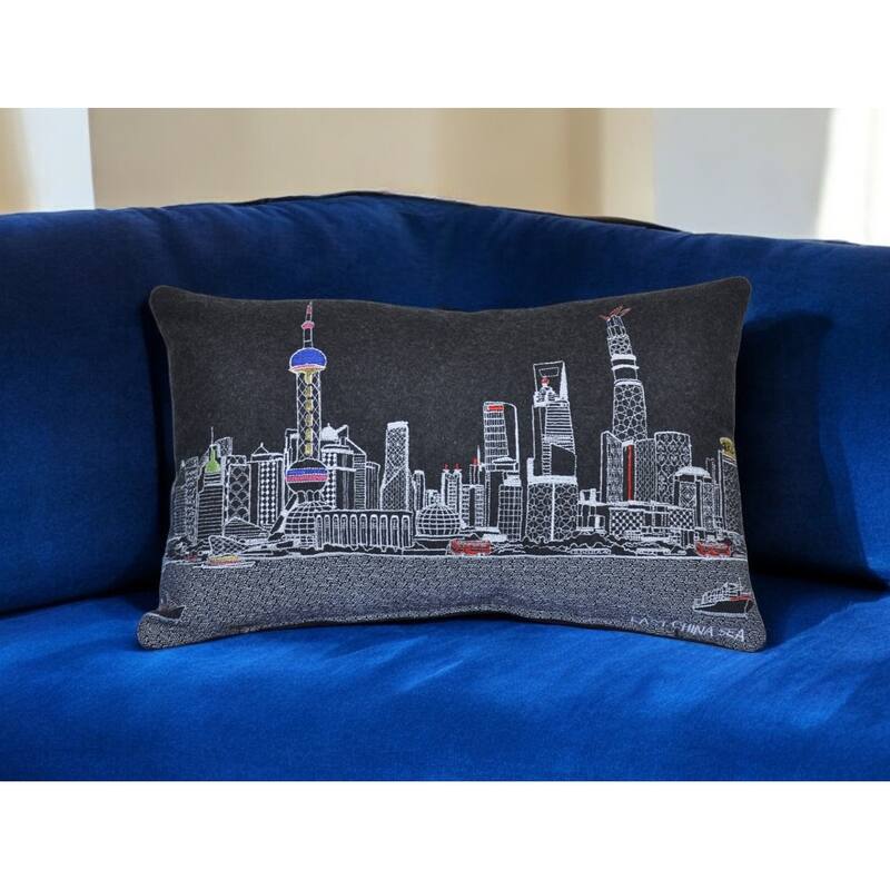 HomeRoots 25" Black Shanghai Nighttime Skyline Lumbar Decorative Pillow - Bed Rest - Polyester