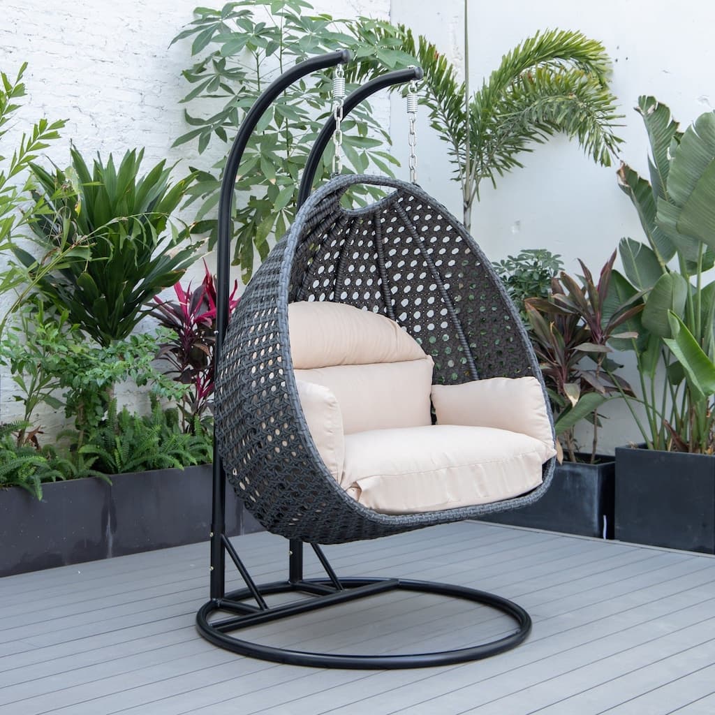 Patio 2-Person Hanging Egg Swing Chair Charcoal Wicker and Iron Frame Breathable Removable Cushion Covers by LeisureMod