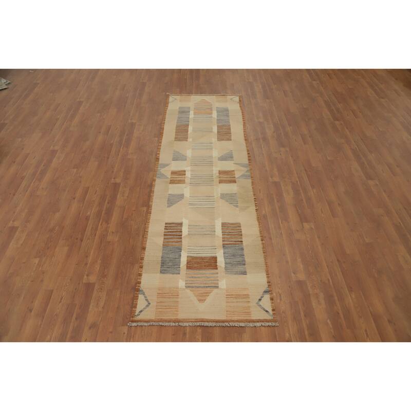 Hand Woven Oriental 100% Wool Carpet Southwestern Tribal Beige & Ivories Kilim Runner Rug - 9' 6'' X 2' 10''