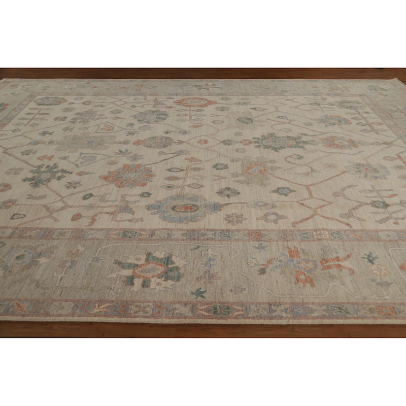 Hand Knotted Oriental 100% Wool Carpet Transitional All-Over Beige & Ivories Oushak Area Rug - 15' 0'' X 10' 3''