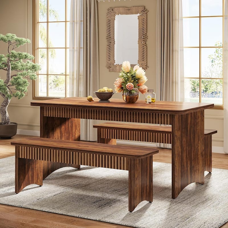 55 Inches Dining Room Table with 2 Benches for 4-6 Peoplefor Kitchen, Dining Room