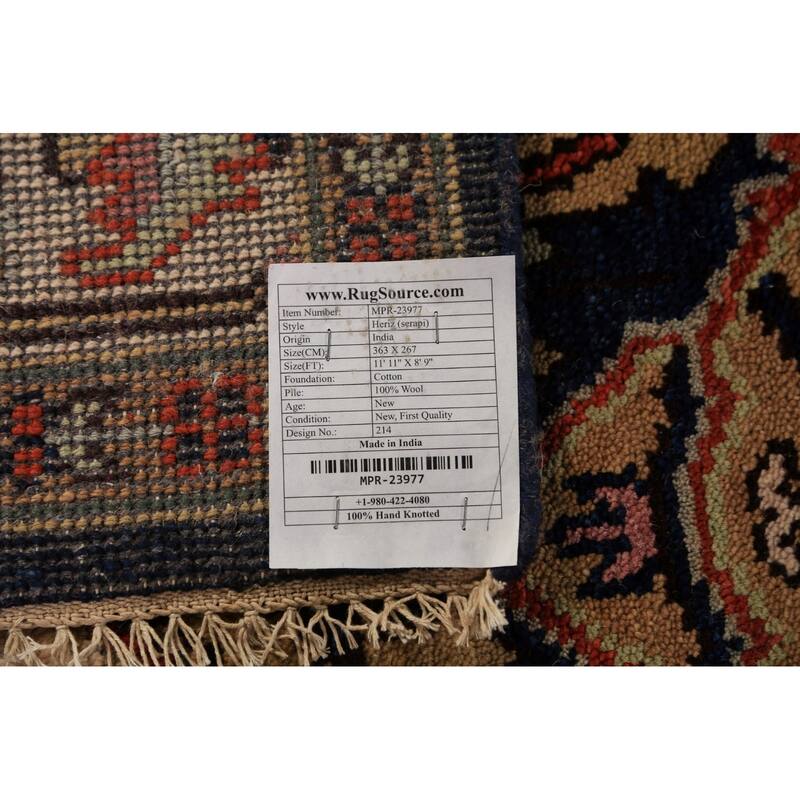 Blue Geometric Heriz Serapi Indian Area Rug Handmade Wool Carpet - 8'9"x 11'11"