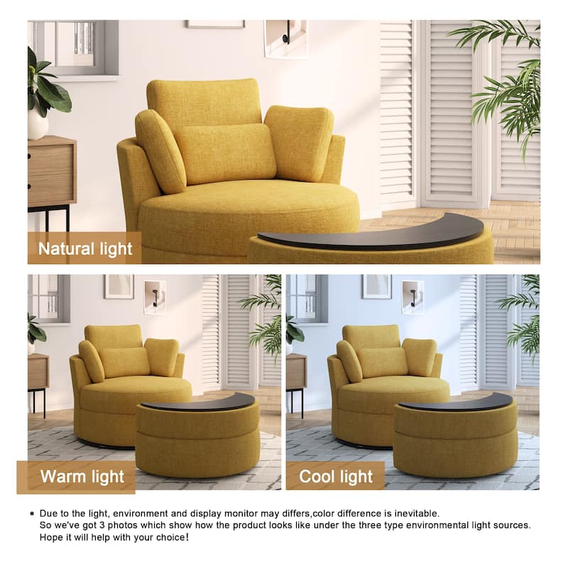 Upholstered Swivel Accent Chair with Wooden Tray Storage Ottoman