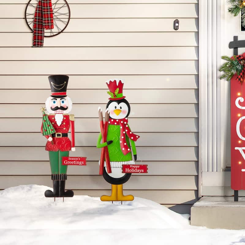 Glitzhome 36"H Christmas Metal Penguin Nutcracker Yardstake Standing Sign Wall Decor
