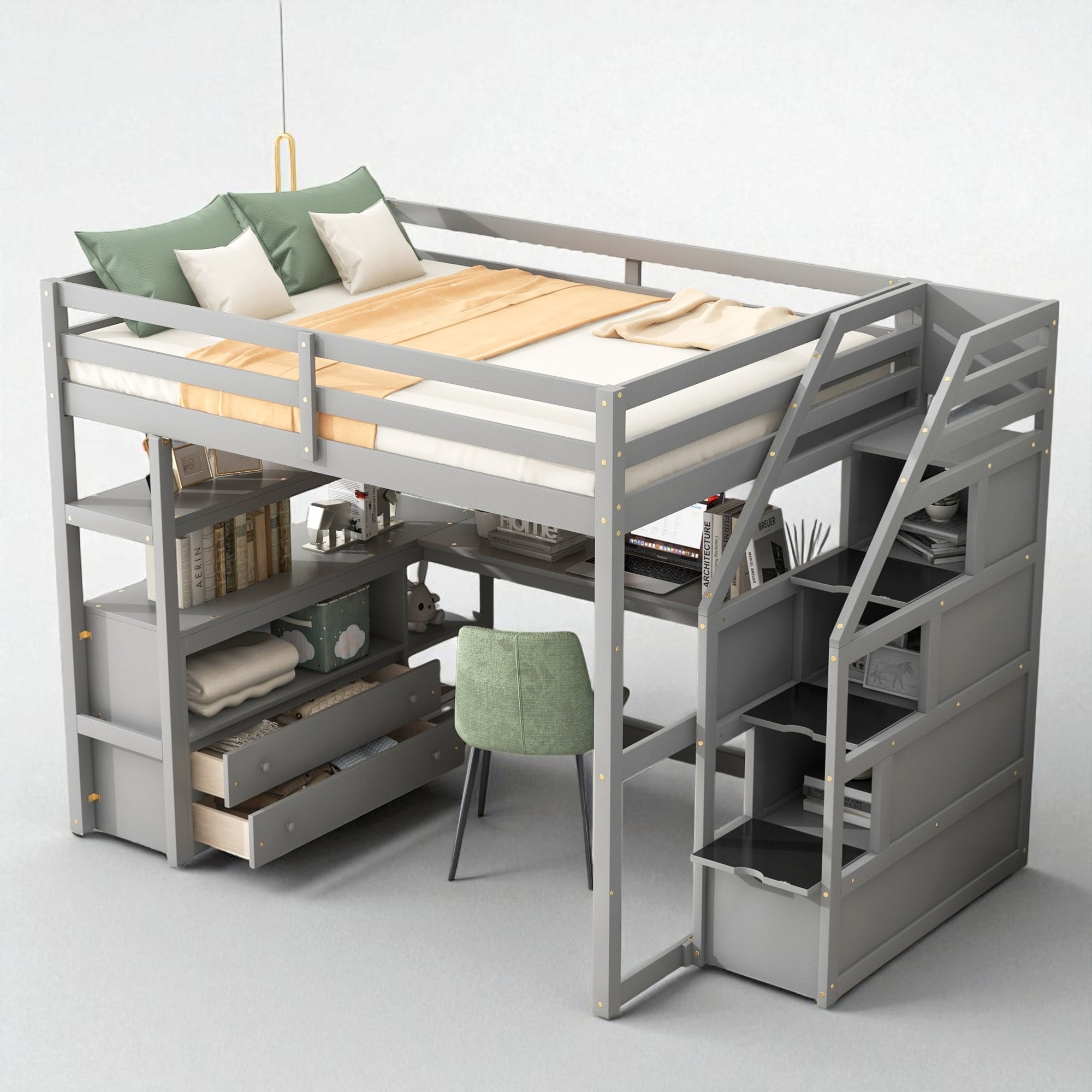 Full Size Loft Bed with Desk, Shelves, Storage Staircase, and 2 Drawers, Solid Wood Frame