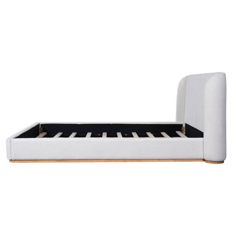 King/Queen Size Bed Frame with Boucle Upholstered Wingback Headboard and Solid Wood Base