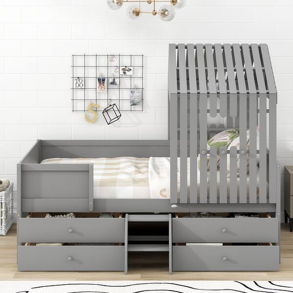 slide 2 of 12, Full Size House Low Loft Bed with Four Drawers, Grey Grey - Full
