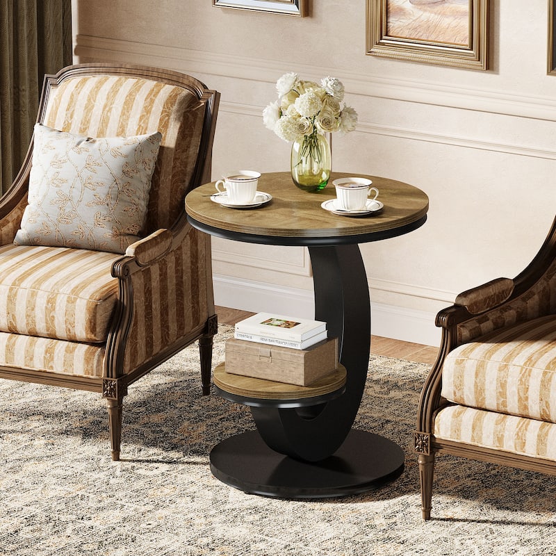Round End Table, 2 Tiers Side Table with Storage Shelf