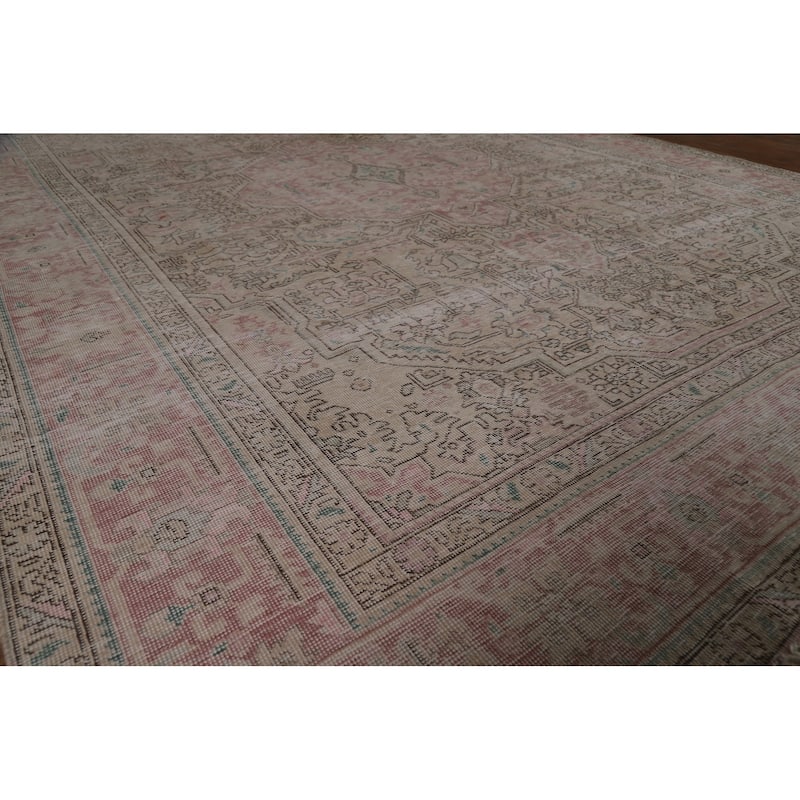 Geometric Beige Tabriz Persian Vintage Rug Hand-Knotted Wool Carpet - 7'10" x 11'0"