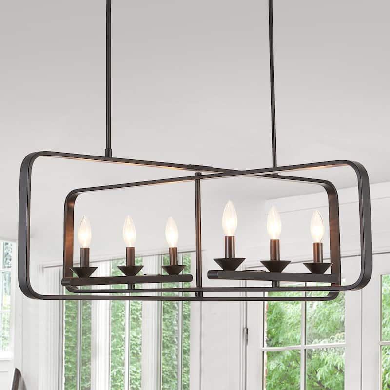 CurveCurio 42" Modern Matte Black Flush Mount Adjustable Dining Light, 6-Lights Fixture with Two Dwonrod for Dining Room - 42" * 3" * 12" - Matte Black