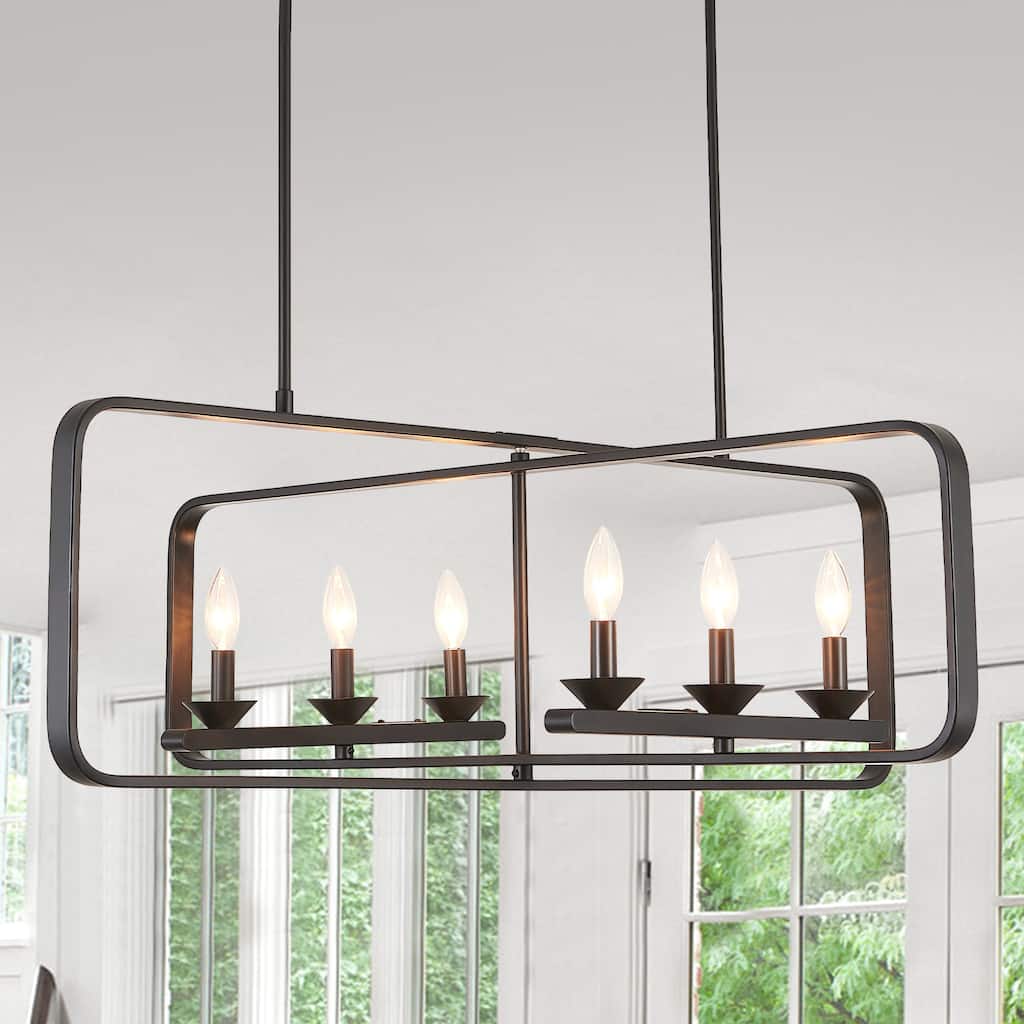 CurveCurio 42" Modern Matte Black Flush Mount Adjustable Dining Light, 6-Lights Fixture with Two Dwonrod for Dining Room