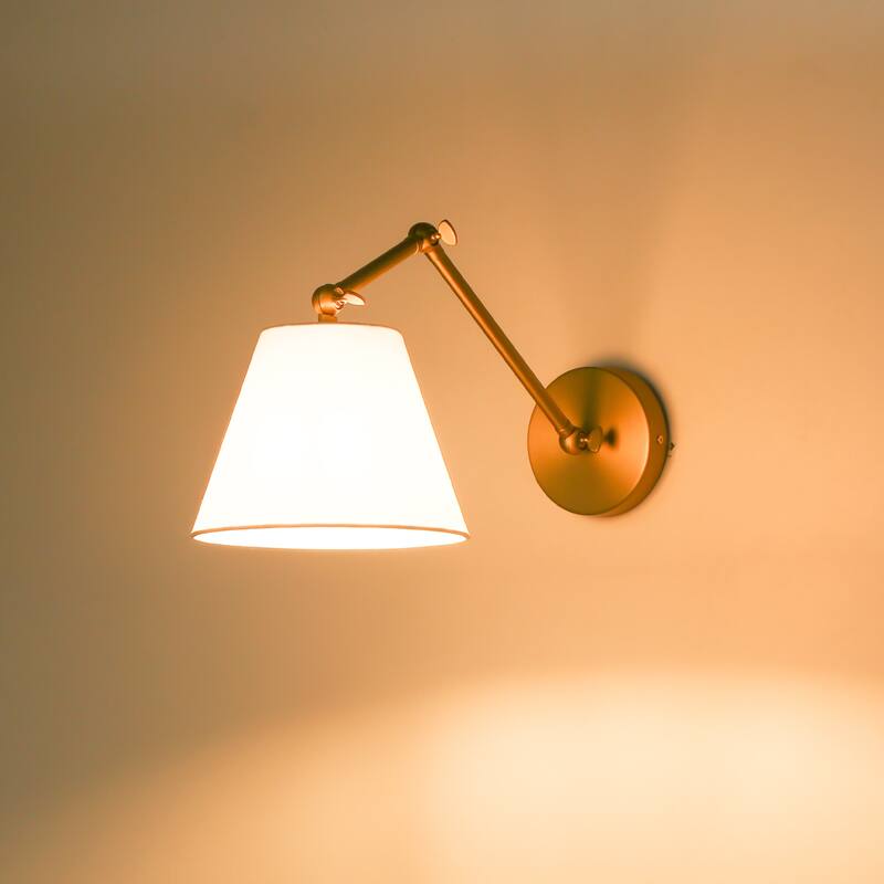 1-Light Modern Brushed Gold Adjustable Swing Arm Wall Sconce with Cone Fabric Shade for Bedroom, Study