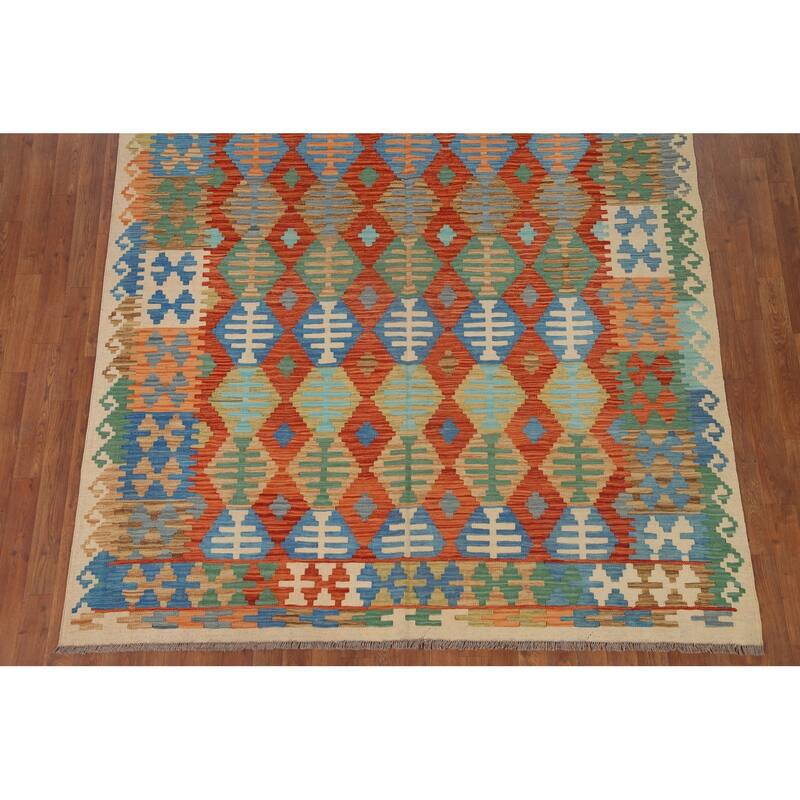 Hand Woven Oriental 100% Wool Carpet Southwestern Geometric Oranges & Rust Kilim Area Rug - 9' 7'' X 6' 5''
